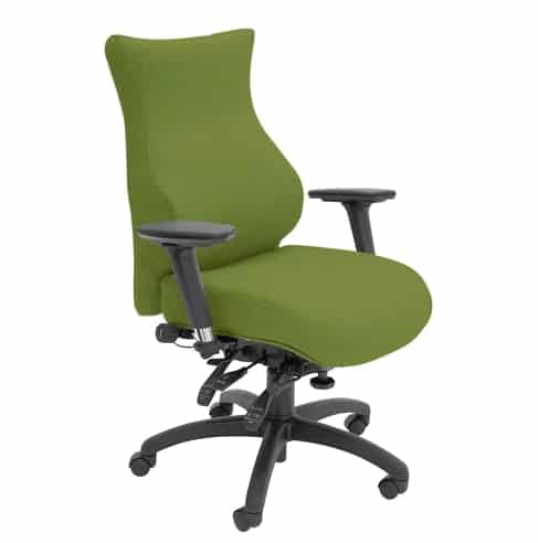 Spynamics SD4 Chair with high back, black 5 star base on castors, adjustable arms and green upholstery