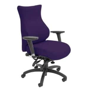 Spynamics SD4 Chair with high back, black 5 star base on castors, adjustable arms and purple upholstery