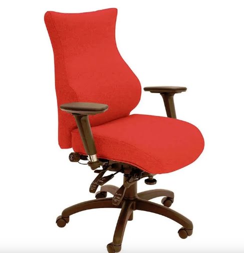 Spynamics SD4 Chair with high back, brown 5 star base on castors, adjustable arms and red upholstery