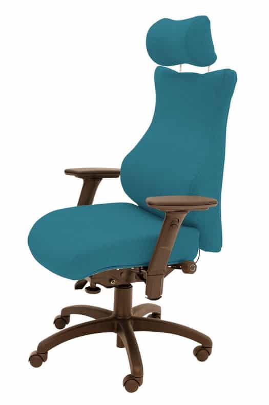 Spynamics SD5 Chair with headrest, FA6 arms, brown 5 star base on castors and upholstered in teal fabric