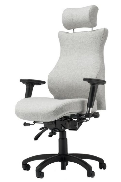 Spynamics SD5 Chair with headrest, adjustable arms, black 5 star base on castors upholstered in grey fabric