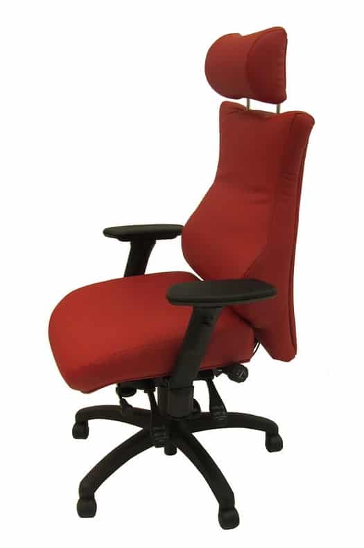 Spynamics SD5 Chair with headrest, adjustable arms, black 5 star base on castors upholstered in red Marvel fabric