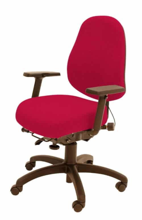 Spynamics SD7 Chair with A3B adjustable arms, red upholstery and brown 5 star base on castors