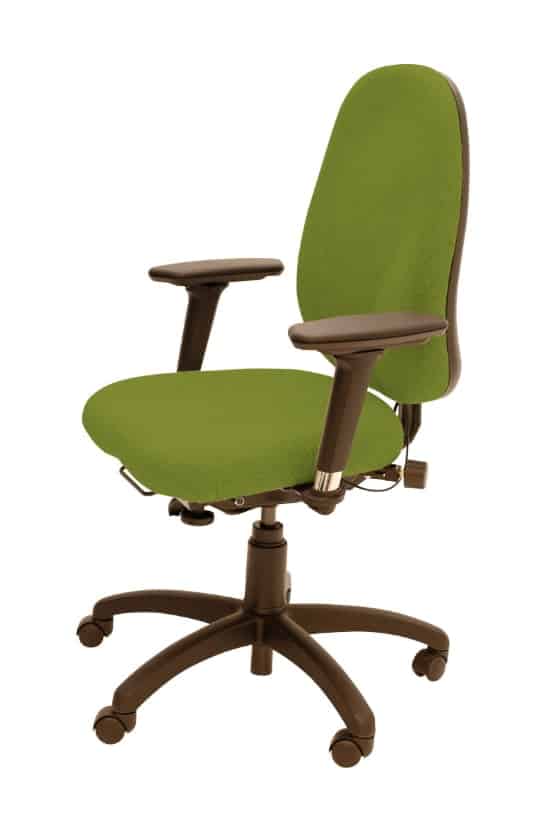 Spynamics SD9 Chair with A4X adjustable arms and brown 5 star base on castors, green uphholstery