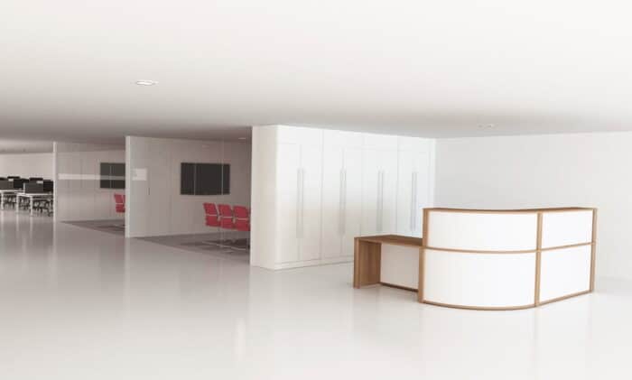 Storagewall three banks of storage acting as dividers for meeting spaces, work space and reception area