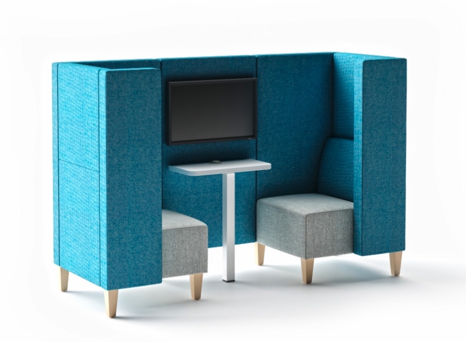 Stream Booths - STE 42 - two person high back booth with half depth arms, table and wooden legs