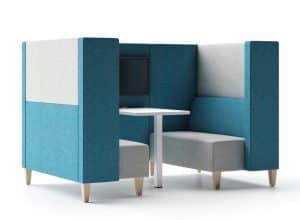 Stream Booths - STE 43 - two person high back booth with half depth arms, table and wooden legs