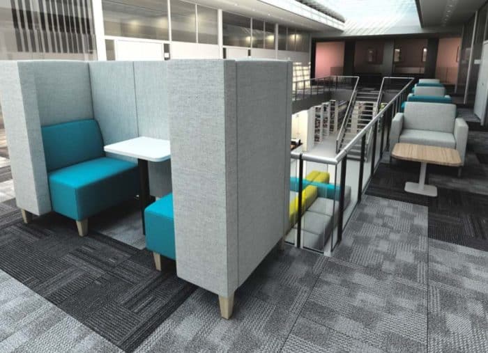 Stream Booths - high back 2 seater booth with with half depth arms and wooden legs, shown on the mezzanine level of an office space