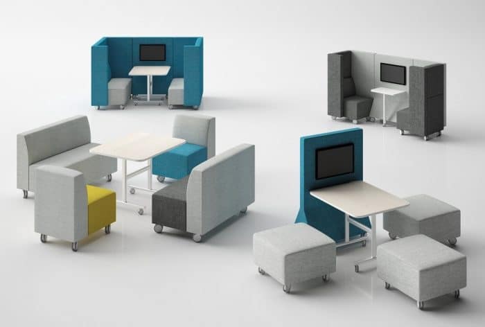 Stream Booths - high back two and four seater booths on castors shown with Stream sofas and pouffes on castors