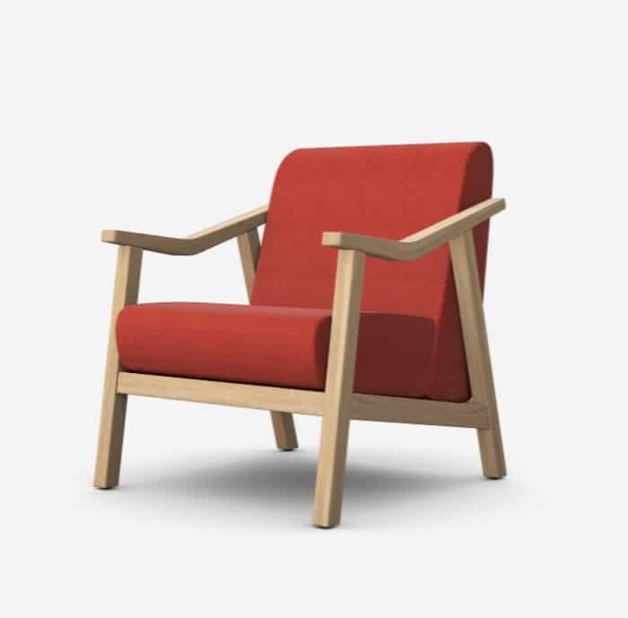 Strut Soft Seating chair with natural oak frame and red upholstery
