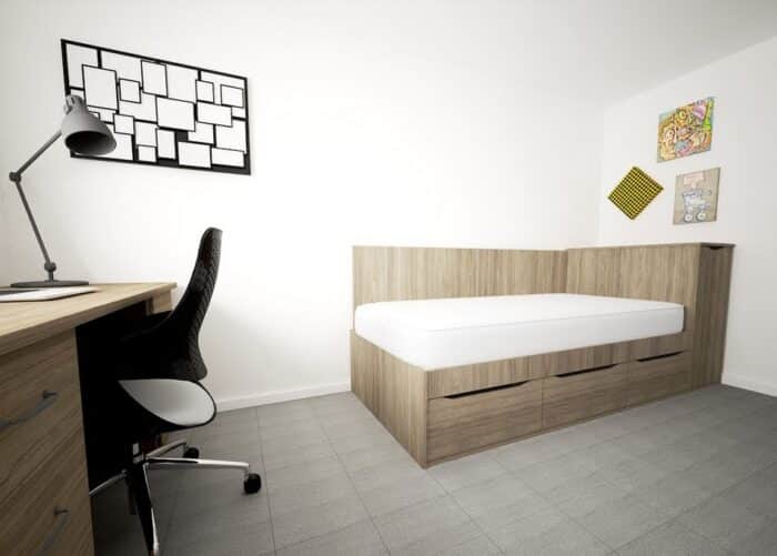Student Bedroom Furniture single bed with headboard and under bed storage shown in a room with a 6 drawer dressing table