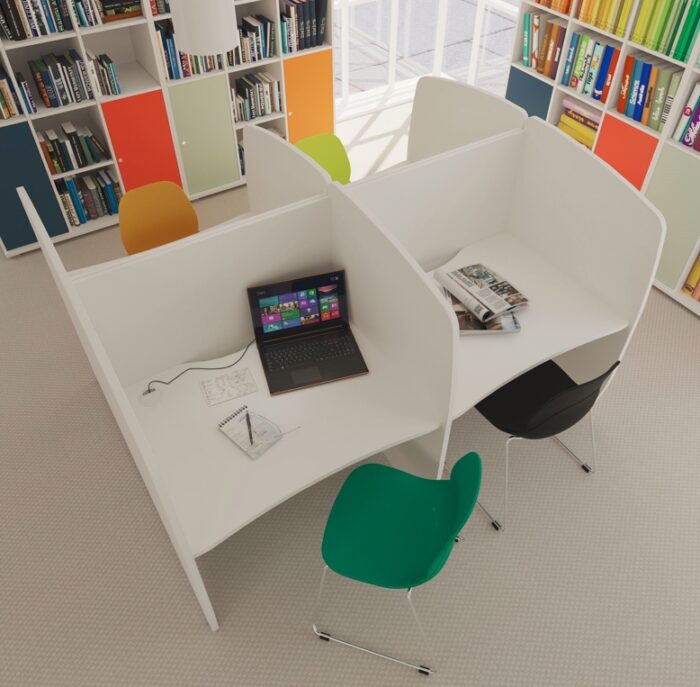 Study Hub aerial view of a 4 person configuration in white finish