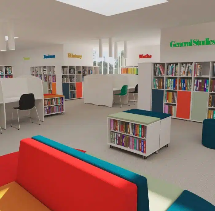 Study Hub banks of 4 person pods in white finish shown in a library
