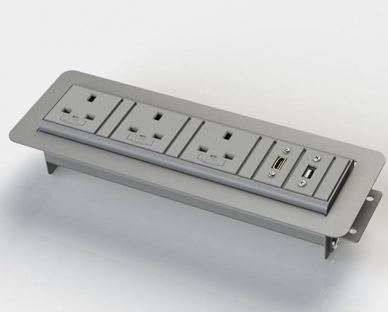 Surface Power Module grey unit with three UK power and two data sockets