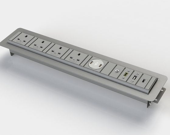 Surface Power Module grey unit with three UK power, twin USB 5A charging and two data sockets