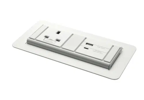 Surface Power Module in white with UK power and twin USB type A+C in a desktop