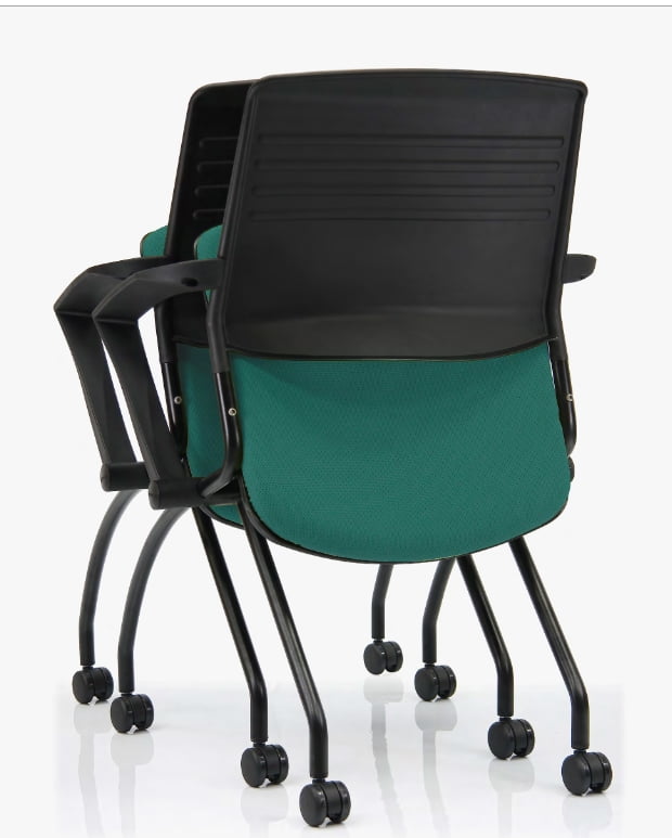 Switch Mobile Chair rear view of two nested chairs with green fabric seat cushion, black back and 4 leg frames on castors