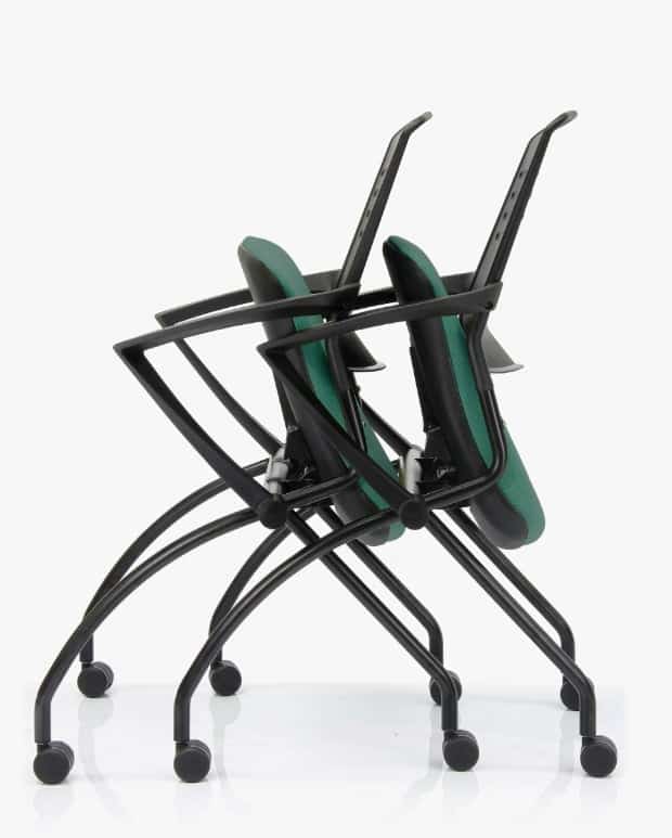 Switch Mobile Chair side view of two nested chairs with green fabric seat cushion, black back and 4 leg frames on castors
