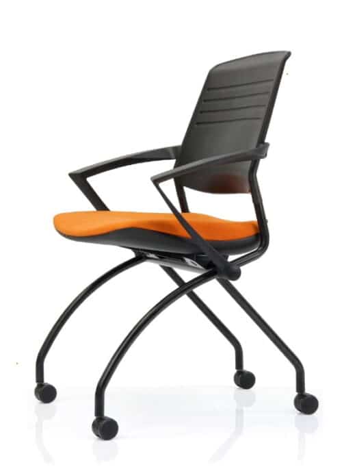 Switch Mobile Chair with fixed arms, black back, orange fabric seat cushion and black 4 leg frame on castors