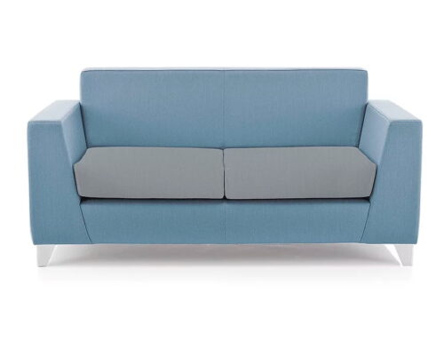 Synergy Solo Soft Seating two seat sofa shown with blue and grey two tone uphosltery and chrome feet