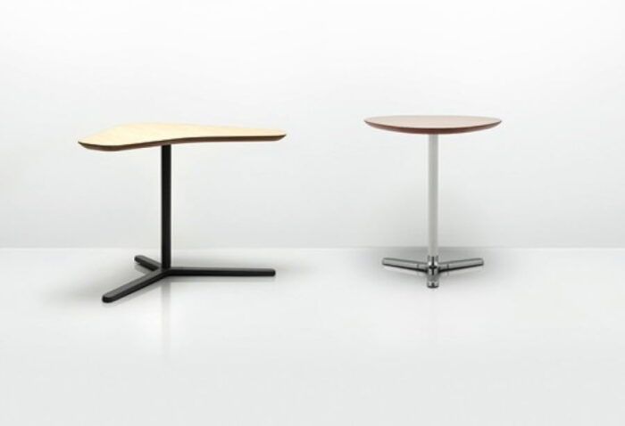 Talon Tables shown with a delta top with a black column and a soft triangle top with a white column