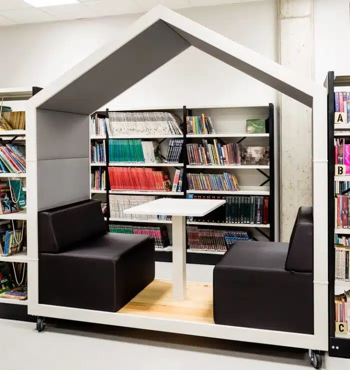 Treehouse Dual Booth open booth with seating and table in a library