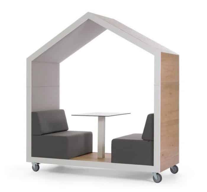 Treehouse Dual Booth open booth with wood exterior, seating and table
