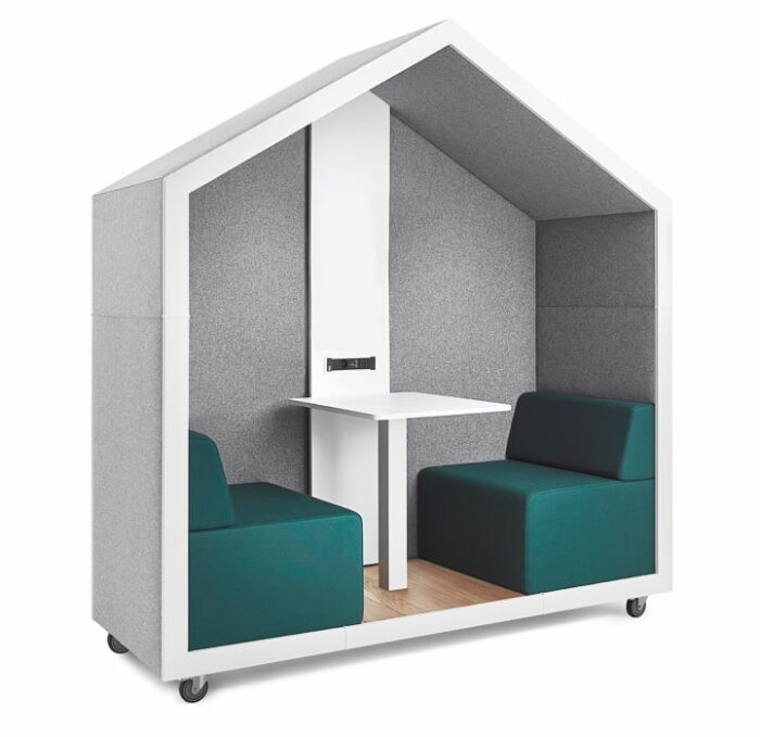 Treehouse Dual Booth with upholstered exterior, seating, table and power unit