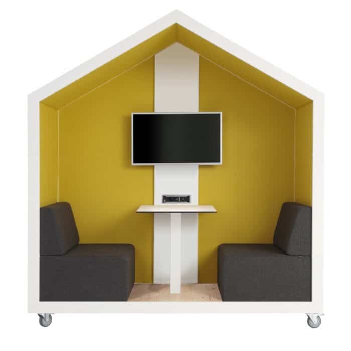 Treehouse Dual Booth with wood exterior shown with table, power unit and monitor