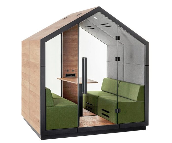 Treehouse Meeting Booth 4 person booth with wooden exterior, front and rear glass THW G2