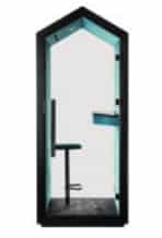 Treehouse Phone Booth THS 1S G2 with table and barstool, upholstered exterior and glass front