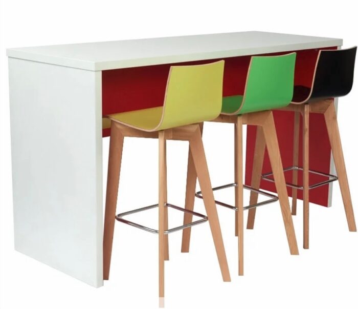 Trestan Table & Bench poseur height table shown with white edge, white outer and red inner panels wiht three high chairs