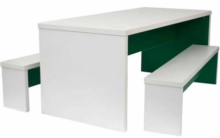 Trestan Table & Bench standard height table and bench seats shown with white edges, white outer and dark green inner panels