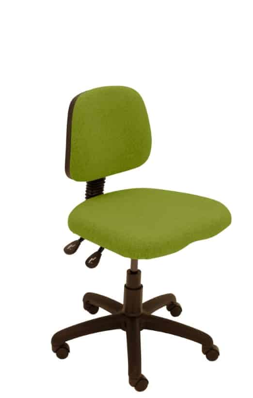 Uni07 Task Chair with no arms, green upholstery and a brown 5 star base