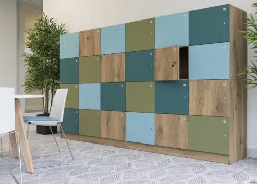 Universal Lockers bank of 24 lockers with keylocks and number plates shown with multi coloured doors