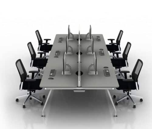 Vega Bench Desk 6 person back to back configuration with dove grey top and white frame shown with desk screens and task chairs