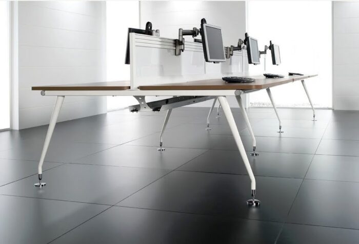 Vega Bench Desk 6 person back to back configuration with walnut desktop and white legs