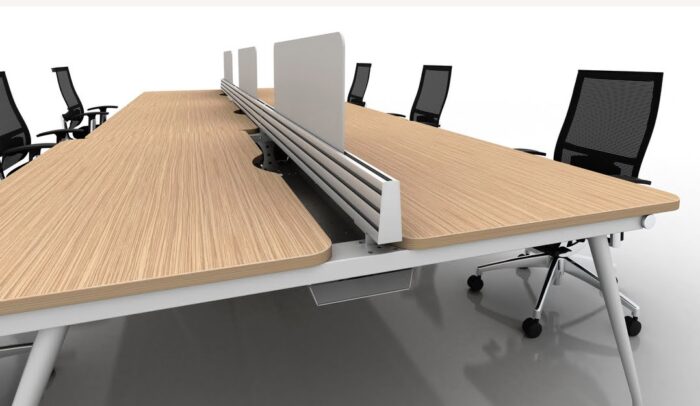 Vega Bench Desk close up of 6 person back to back configuration desk top and desk screens