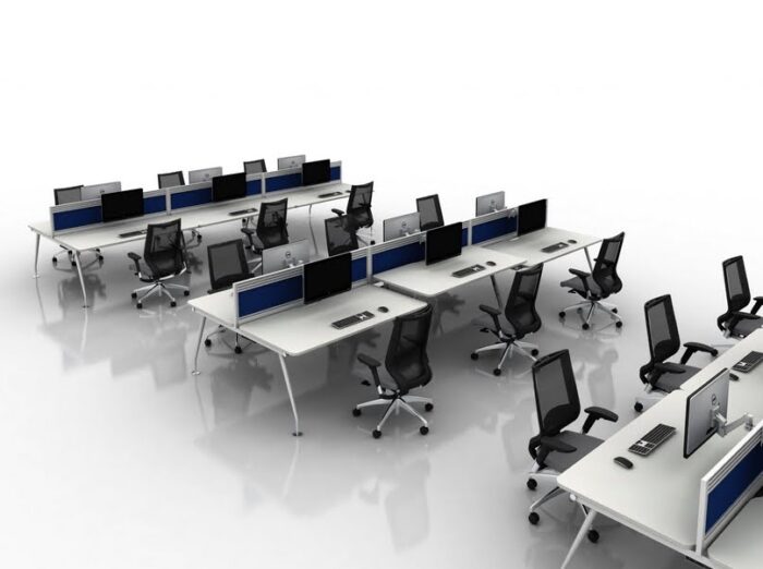 Vega Bench Desk three 6 person back to back configurations with white desktops and silver legs
