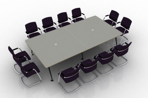 Vega Conference Table in dove grey with multiplex edge shown with optional aluminium cable hole tidy and Visita cantilever chairs.