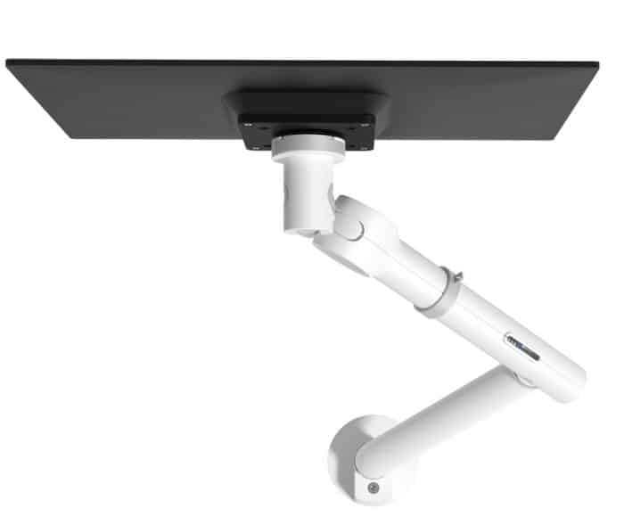 Viewgo Pro Monitor Arm 48.620, aerial view of arm in white with an attached monitor