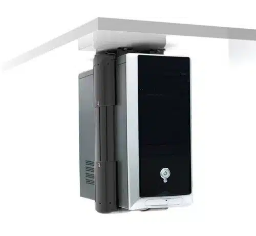 Viewlite Computer Holder CPU Mount in black shown suspended under a desk top 35.103