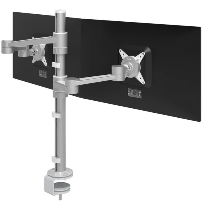 Viewlite Dual Monitor Arm in silver shown from behind with two mounted screens 58.142