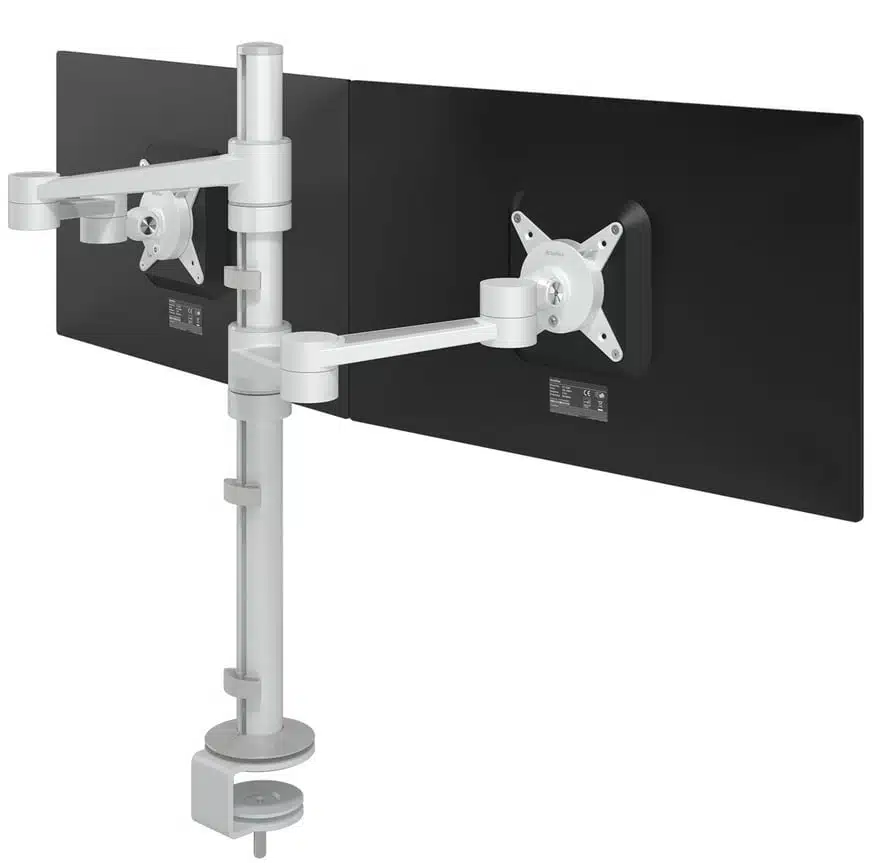 Viewlite Dual Monitor Arm in white shown from behind with two mounted screens 58.140