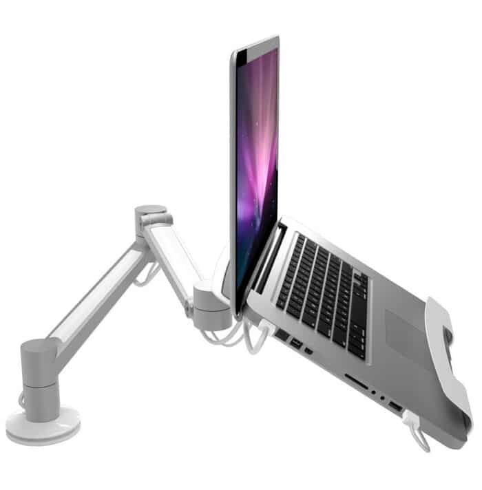 Viewlite Laptop Holder in white shown on an arm with a mounted laptop 58.040