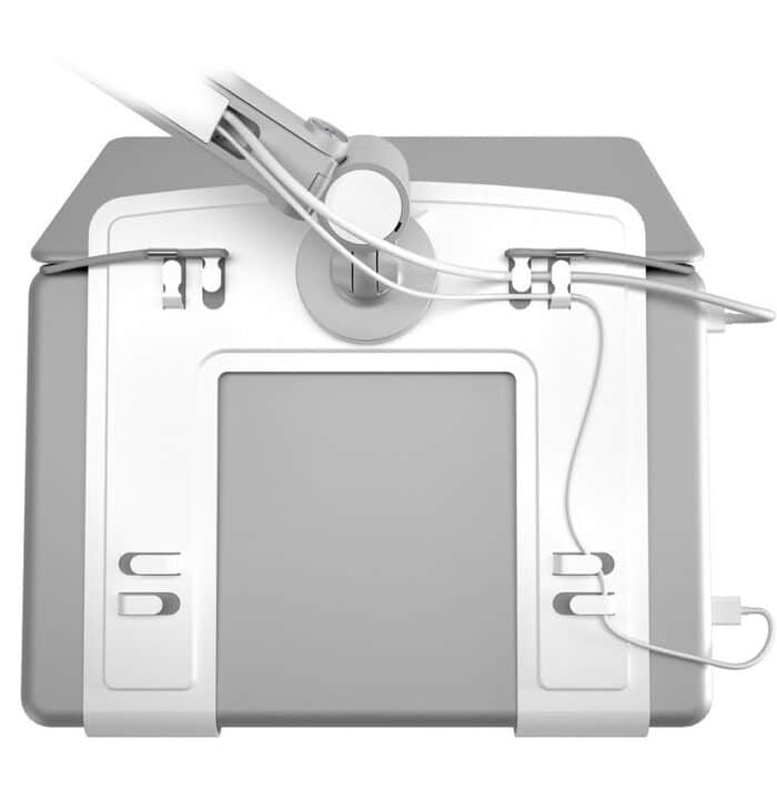 Viewlite Laptop Holder underside of holder in white, showing cable management hooks 58.040
