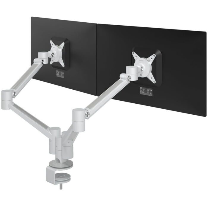 Viewlite Plus Dual Monitor Arm 58.650 rear view of dual arm in white shown with mounted screen