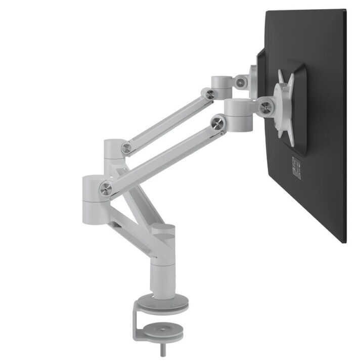 Viewlite Plus Dual Monitor Arm 58.650 side view of dual arm in white shown with mounted screen