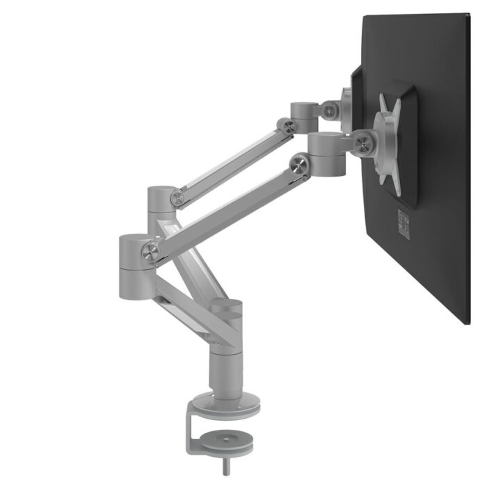 Viewlite Plus Dual Monitor Arm 58.652 side view of dual arm in silver shown with mounted screen