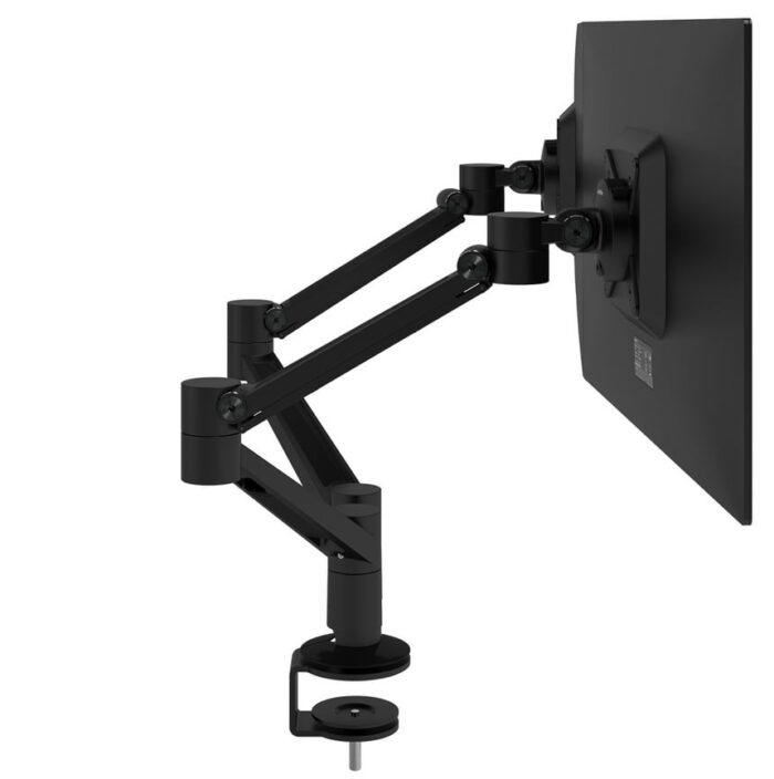 Viewlite Plus Dual Monitor Arm 58.653 side view of dual arm in black shown with mounted screen